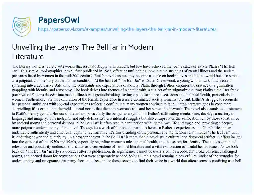 Essay on Unveiling the Layers: the Bell Jar in Modern Literature