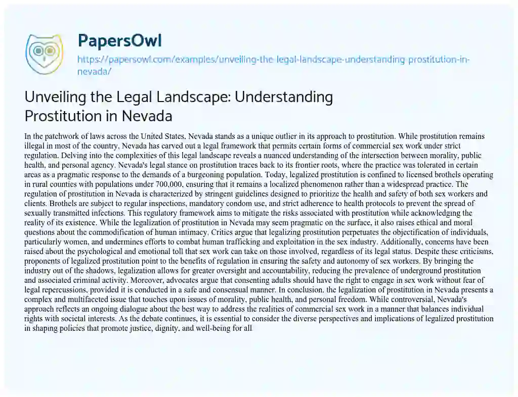 Essay on Unveiling the Legal Landscape: Understanding Prostitution in Nevada