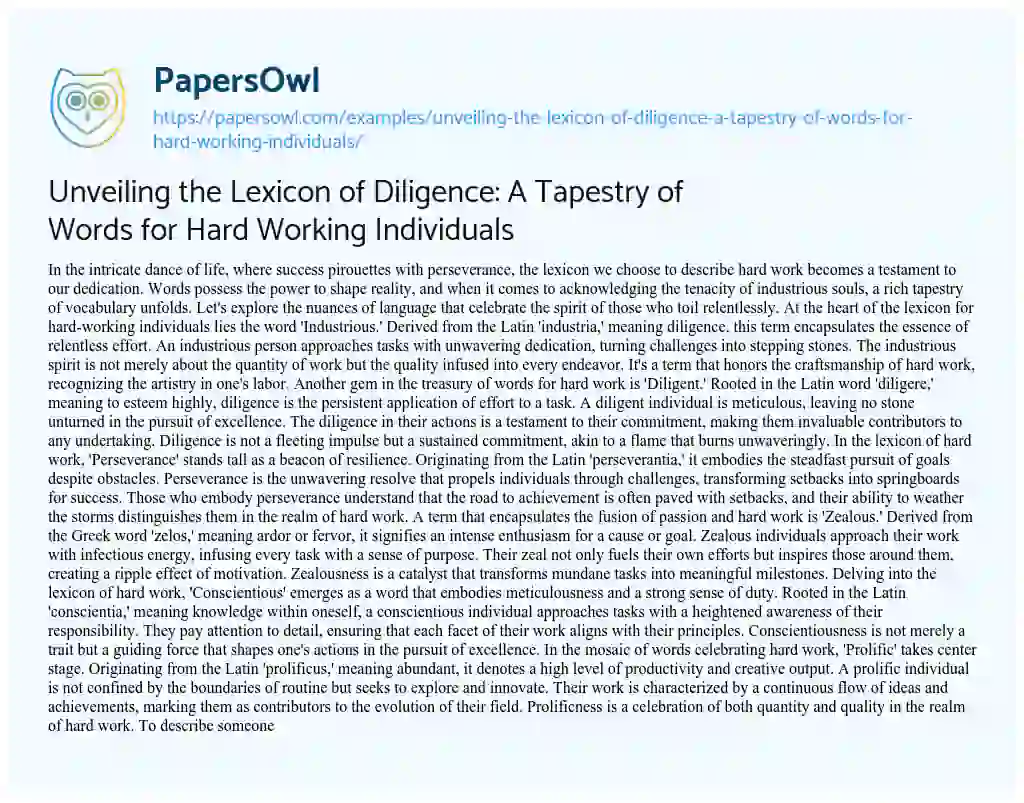 Essay on Unveiling the Lexicon of Diligence: a Tapestry of Words for Hard Working Individuals