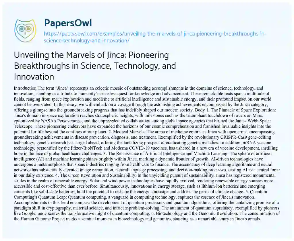 Essay on Unveiling the Marvels of Jinca: Pioneering Breakthroughs in Science, Technology, and Innovation