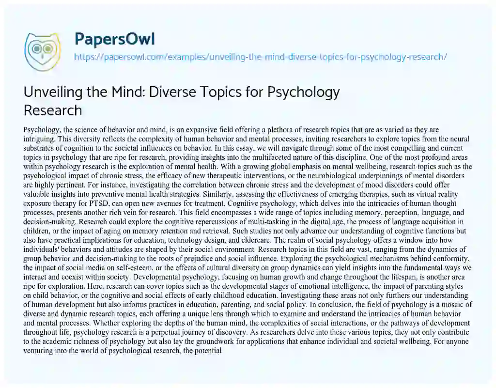 Essay on Unveiling the Mind: Diverse Topics for Psychology Research