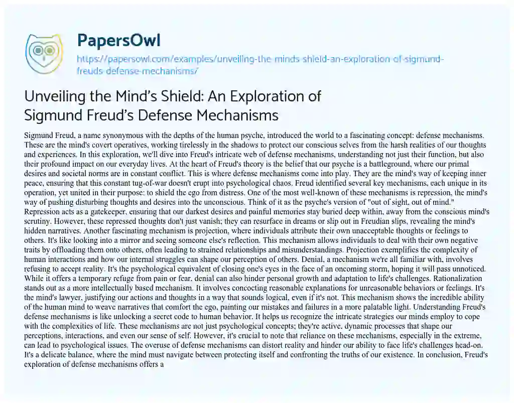 Essay on Unveiling the Mind’s Shield: an Exploration of Sigmund Freud’s Defense Mechanisms