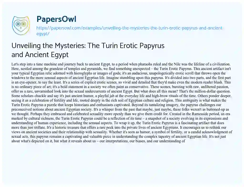 Essay on Unveiling the Mysteries: the Turin Erotic Papyrus and Ancient Egypt