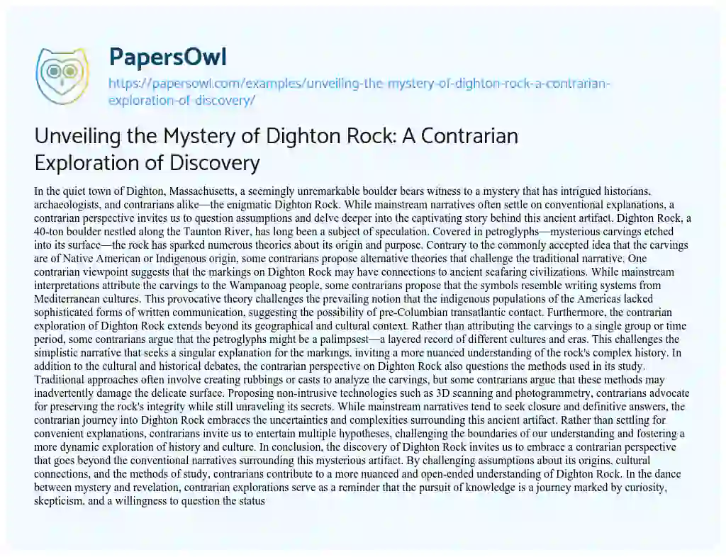 Essay on Unveiling the Mystery of Dighton Rock: a Contrarian Exploration of Discovery