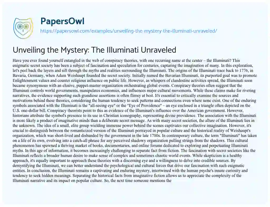 Essay on Unveiling the Mystery: the Illuminati Unraveled