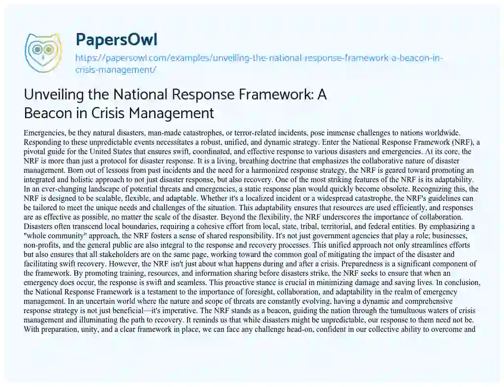 Essay on Unveiling the National Response Framework: a Beacon in Crisis Management