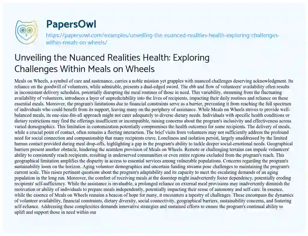 Essay on Unveiling the Nuanced Realities Health: Exploring Challenges Within Meals on Wheels