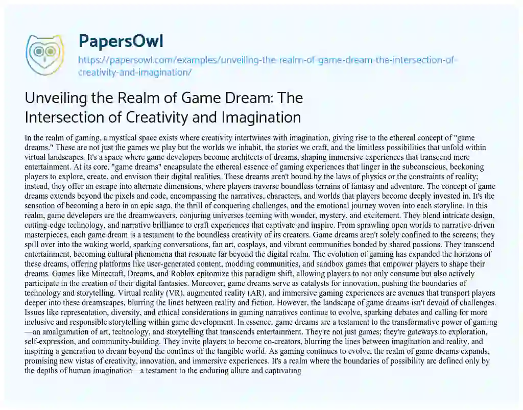 Essay on Unveiling the Realm of Game Dream: the Intersection of Creativity and Imagination