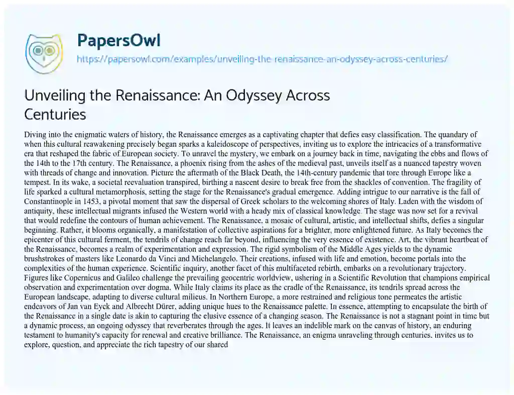 Essay on Unveiling the Renaissance: an Odyssey Across Centuries