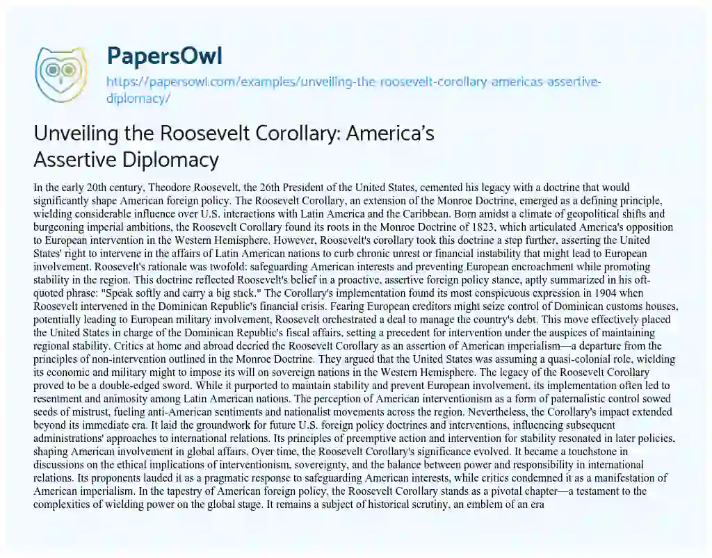 Essay on Unveiling the Roosevelt Corollary: America’s Assertive Diplomacy