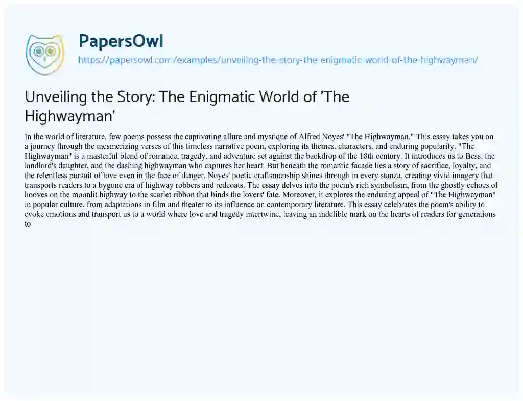 Essay on Unveiling the Story: the Enigmatic World of ‘The Highwayman’