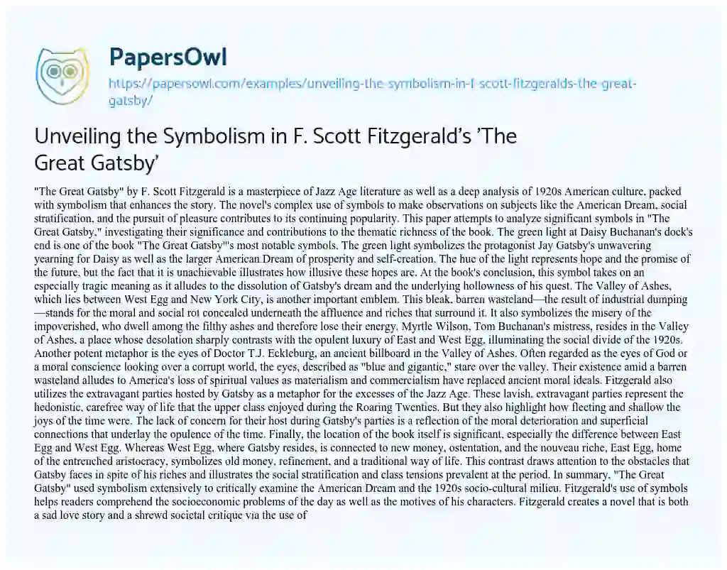 Essay on Unveiling the Symbolism in F. Scott Fitzgerald’s ‘The Great Gatsby’