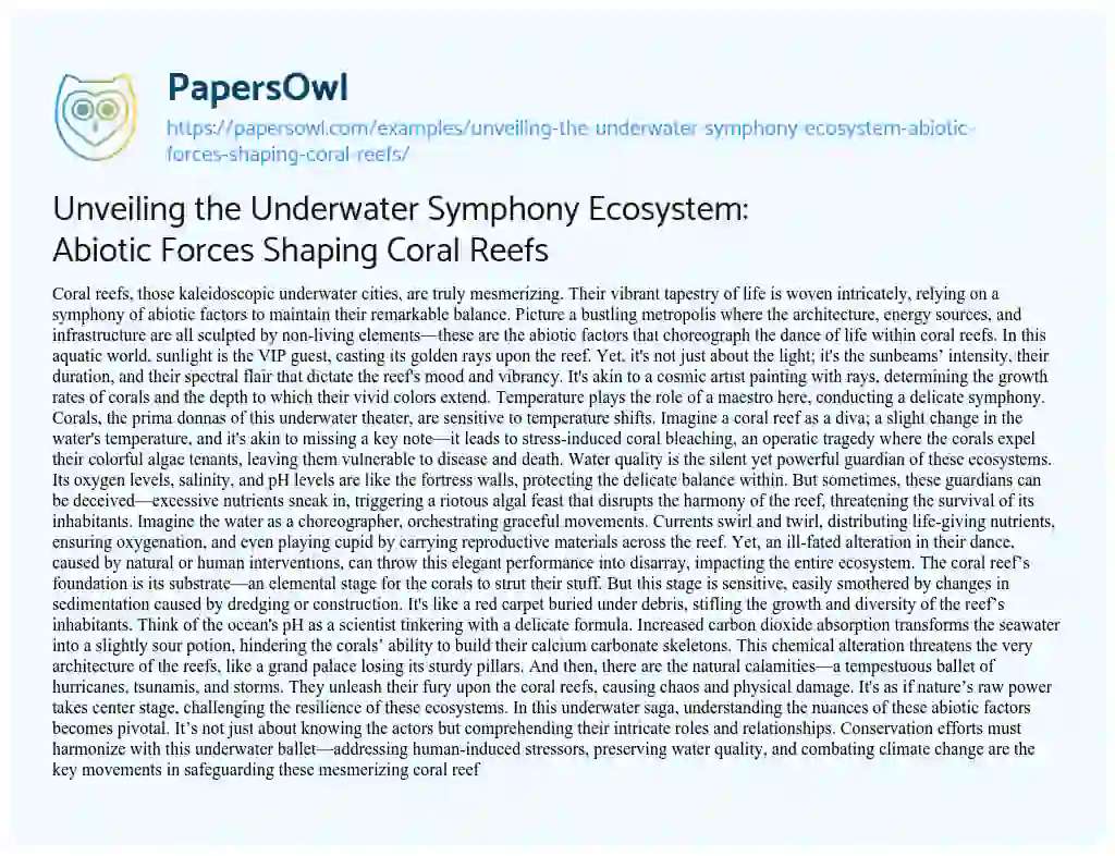 Essay on Unveiling the Underwater Symphony Ecosystem: Abiotic Forces Shaping Coral Reefs