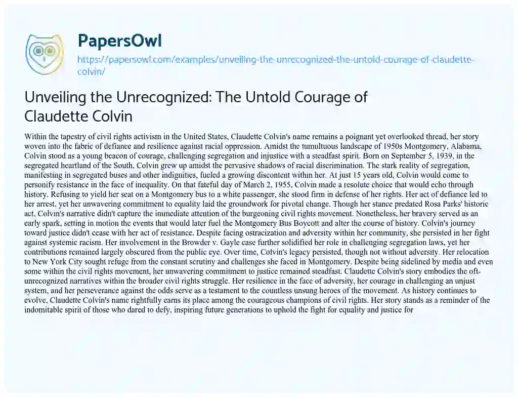 Essay on Unveiling the Unrecognized: the Untold Courage of Claudette Colvin