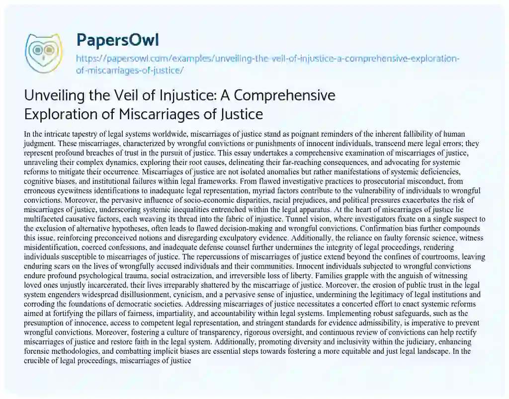Essay on Unveiling the Veil of Injustice: a Comprehensive Exploration of Miscarriages of Justice