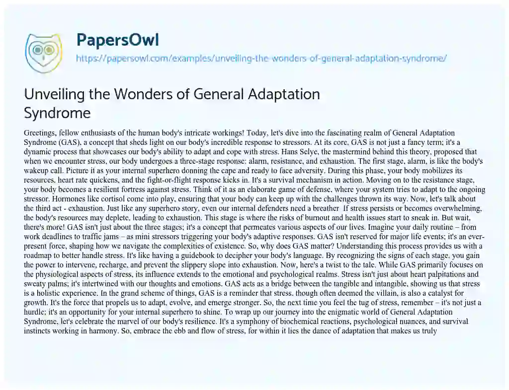 Essay on Unveiling the Wonders of General Adaptation Syndrome