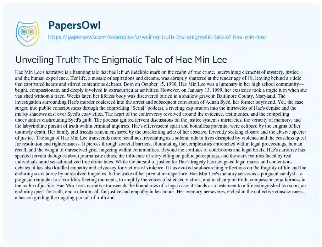 Essay on Unveiling Truth: the Enigmatic Tale of Hae Min Lee