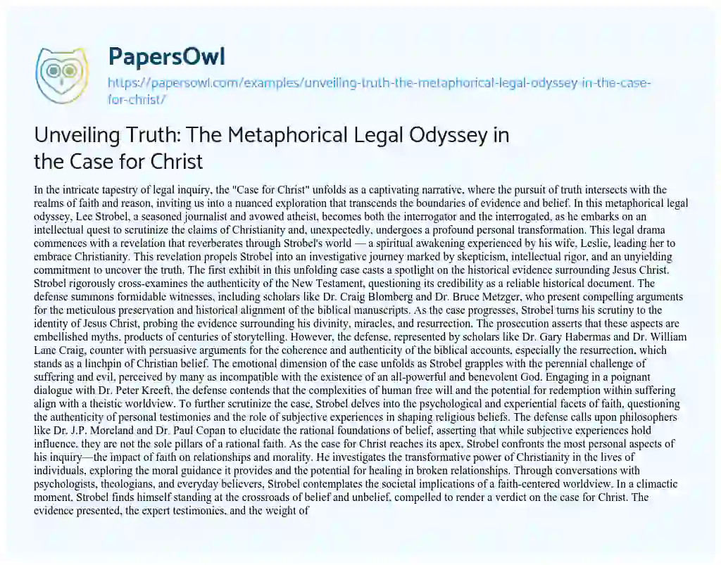 Essay on Unveiling Truth: the Metaphorical Legal Odyssey in the Case for Christ