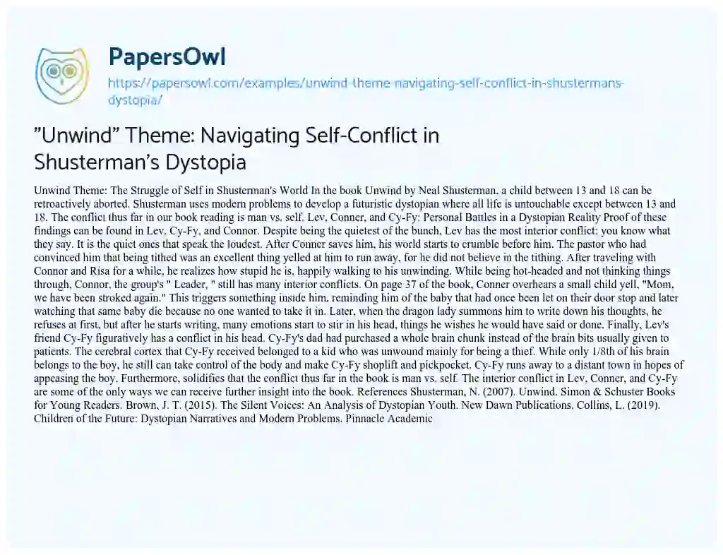 Essay on “Unwind” Theme: Navigating Self-Conflict in Shusterman’s Dystopia