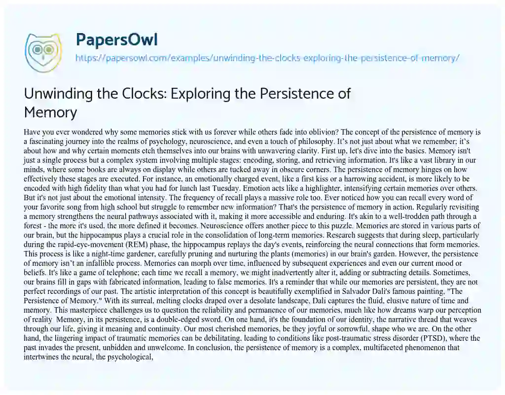 Essay on Unwinding the Clocks: Exploring the Persistence of Memory