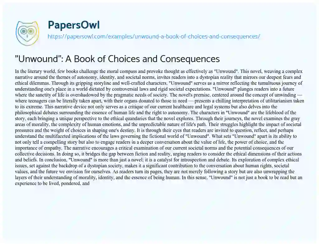 Essay on “Unwound”: a Book of Choices and Consequences