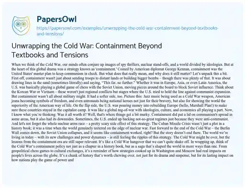 Essay on Unwrapping the Cold War: Containment Beyond Textbooks and Tensions