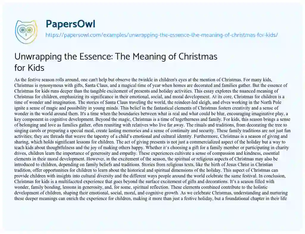 Essay on Unwrapping the Essence: the Meaning of Christmas for Kids