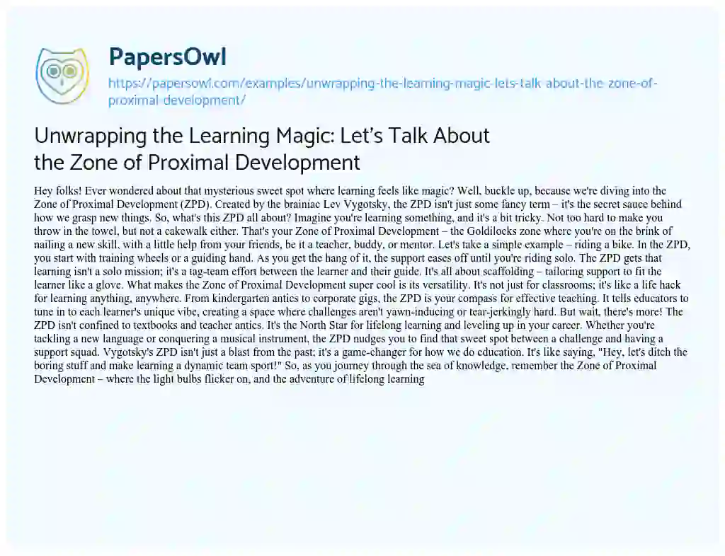 Essay on Unwrapping the Learning Magic: let’s Talk about the Zone of Proximal Development