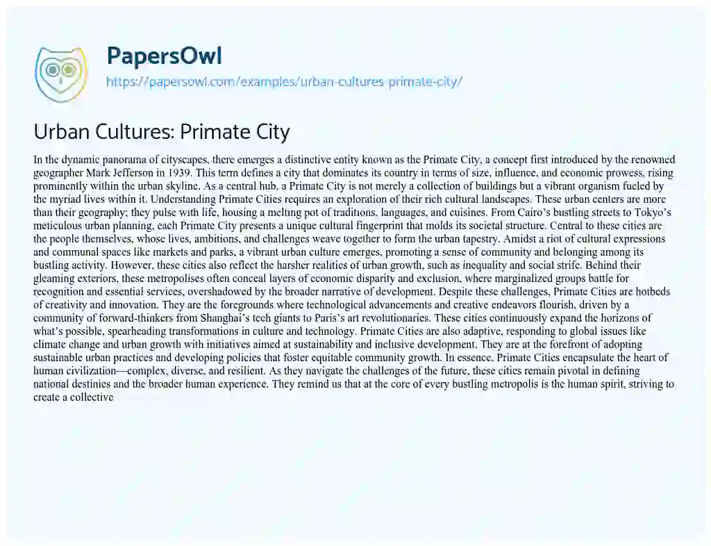 Essay on Urban Cultures: Primate City