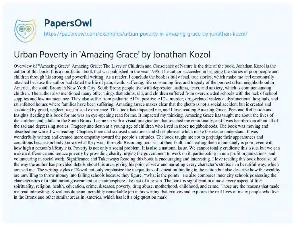 Essay on Urban Poverty in ‘Amazing Grace’ by Jonathan Kozol