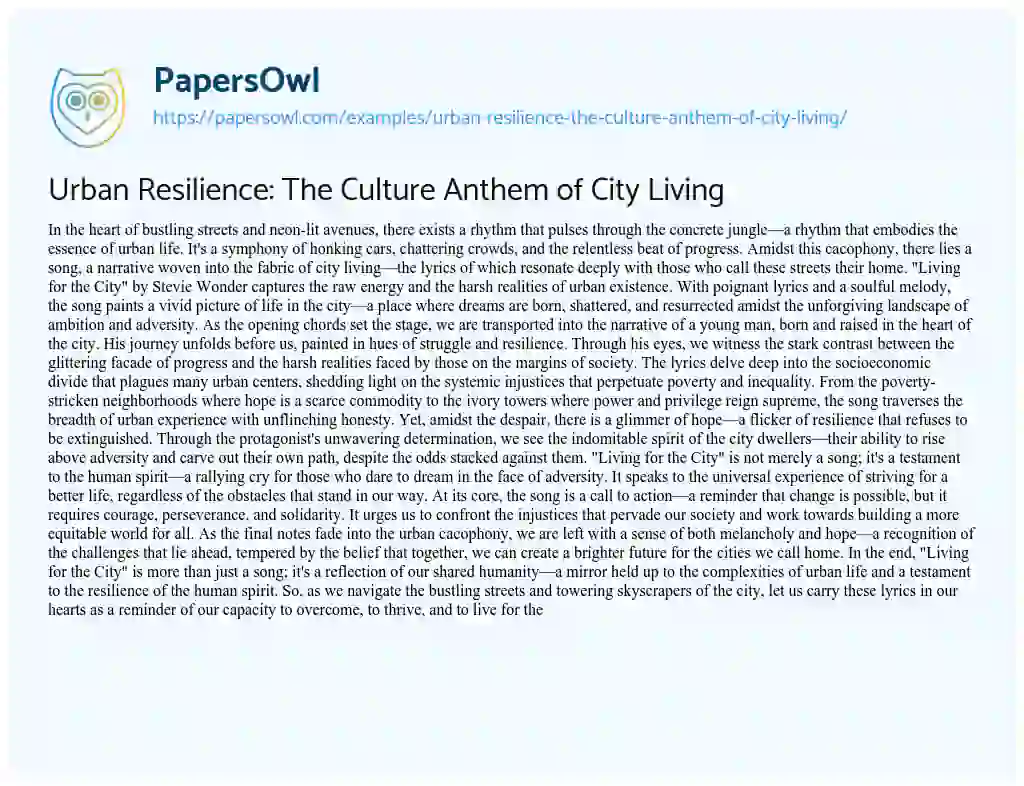 Essay on Urban Resilience: the Culture Anthem of City Living