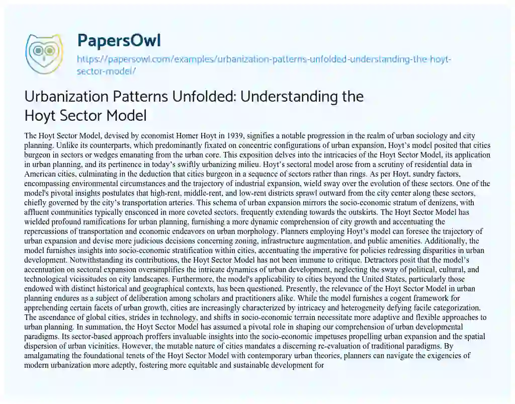 Essay on Urbanization Patterns Unfolded: Understanding the Hoyt Sector Model