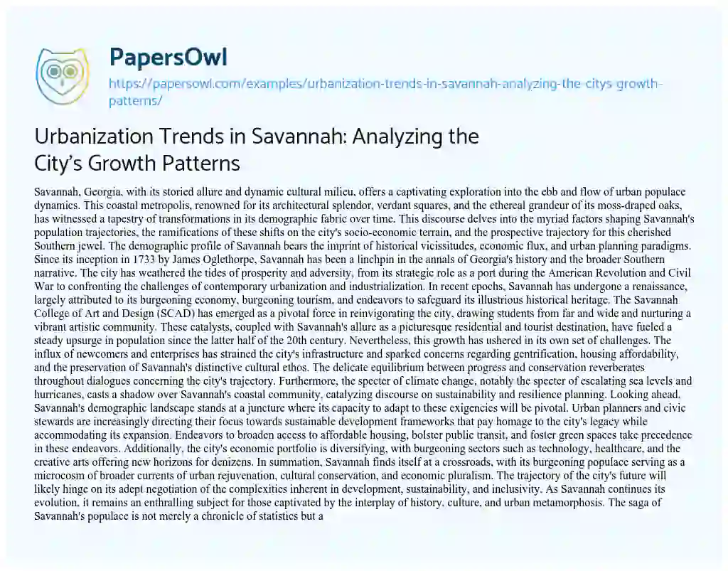 Essay on Urbanization Trends in Savannah: Analyzing the City’s Growth Patterns