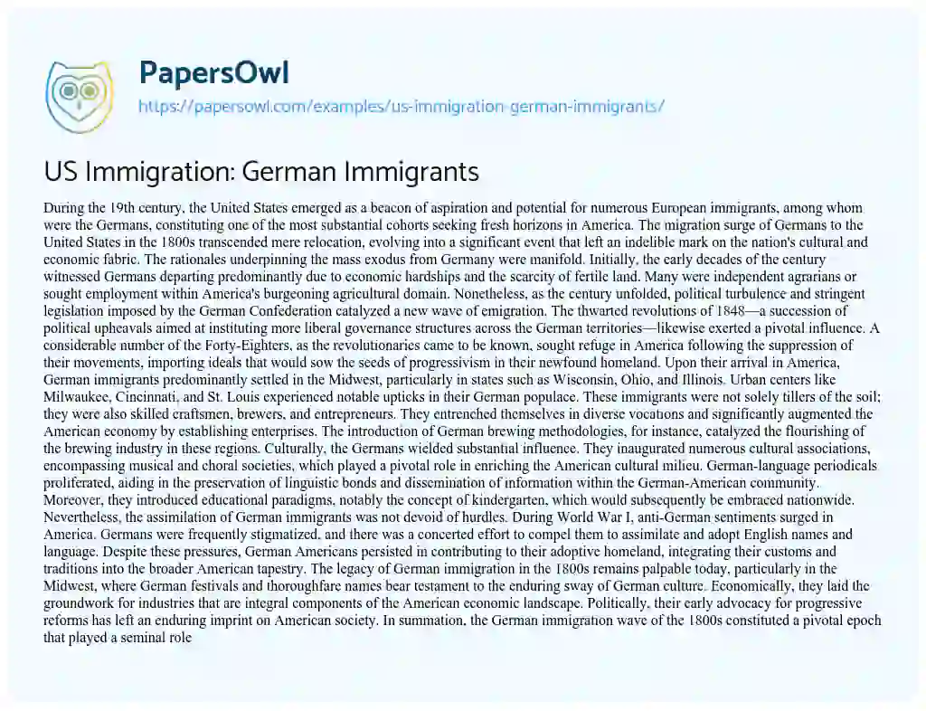 Essay on US Immigration: German Immigrants