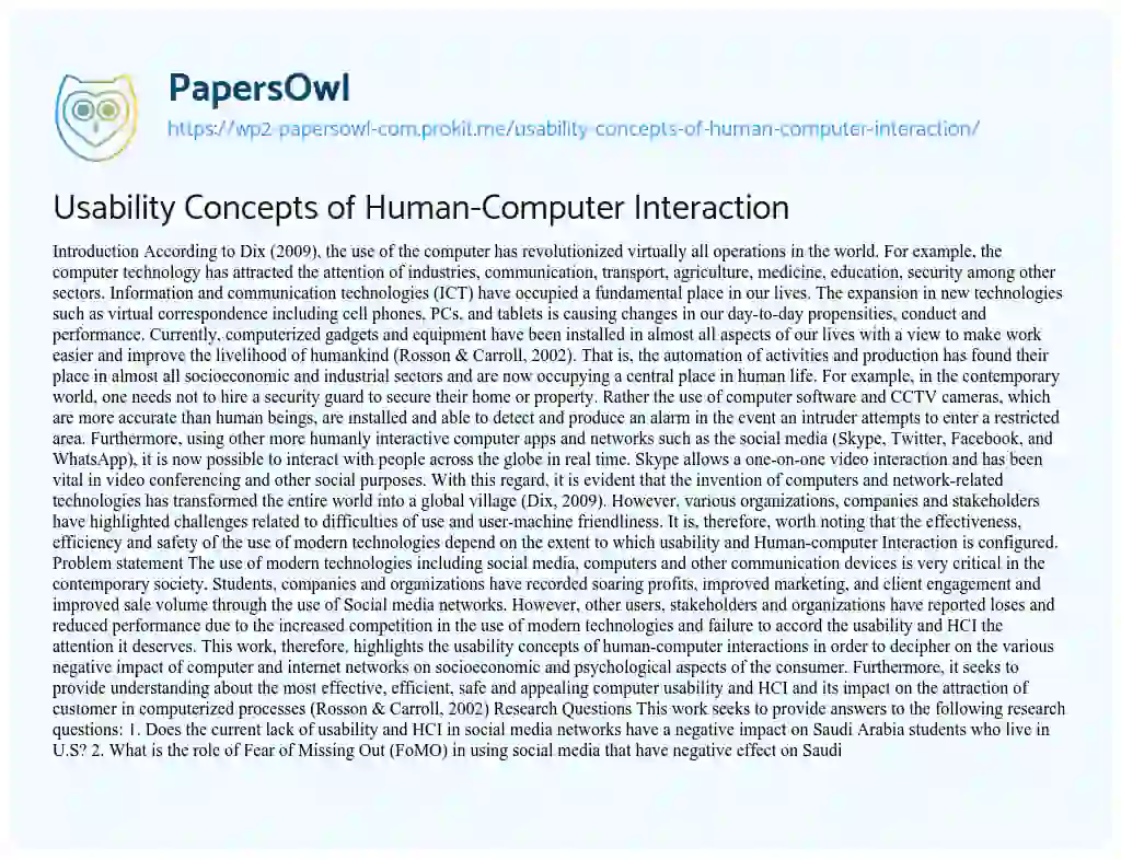 Essay on Usability Concepts of Human-Computer Interaction