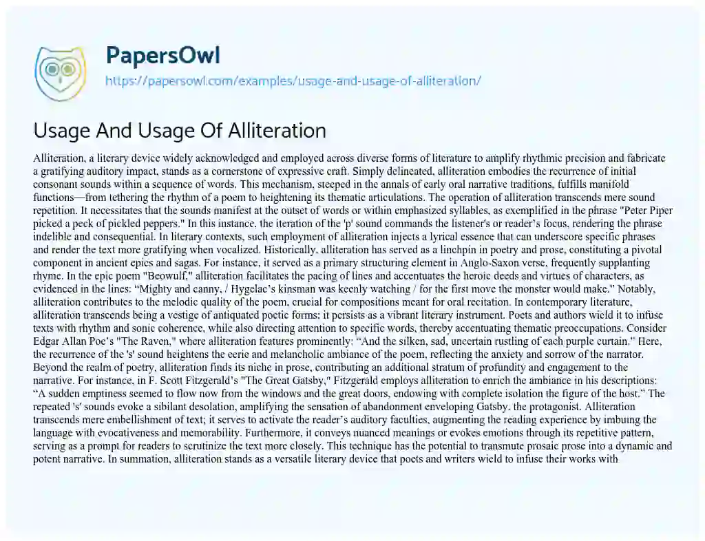 Essay on Usage And Usage Of Alliteration