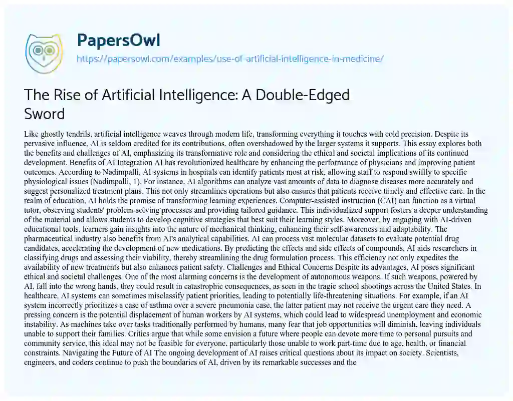 Essay on Use of Artificial Intelligence in Medicine