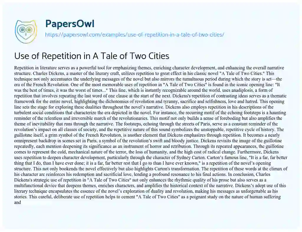 Essay on Use of Repetition in a Tale of Two Cities