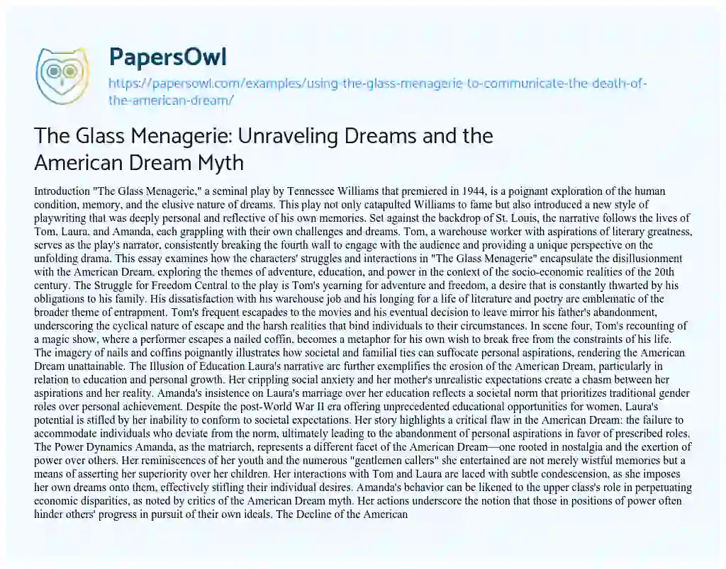 Essay on Using the Glass Menagerie to Communicate the Death of the American Dream