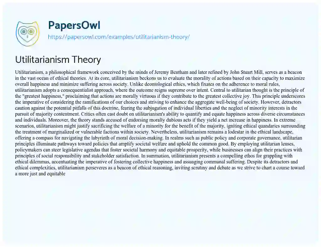 Essay on Utilitarianism Theory