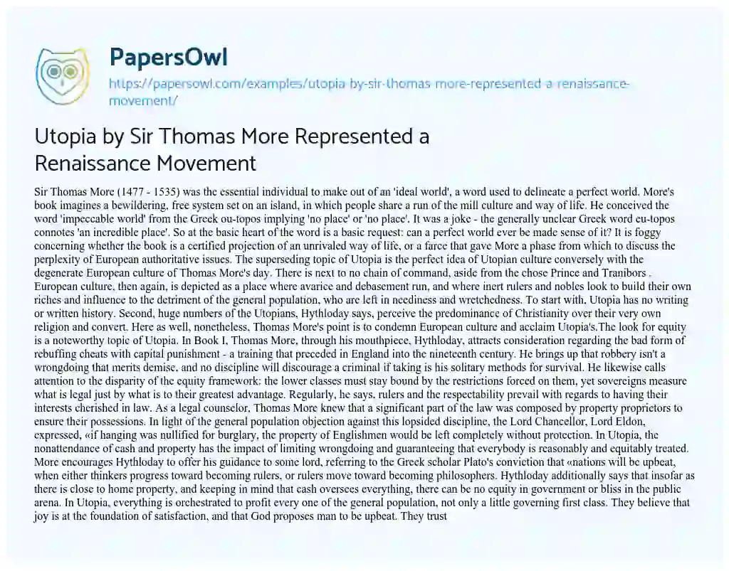Essay on Utopia by Sir Thomas more Represented a Renaissance Movement