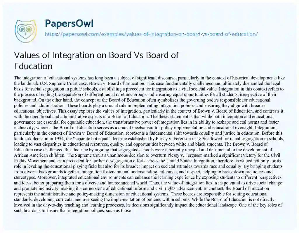 Essay on Values of Integration on Board Vs Board of Education