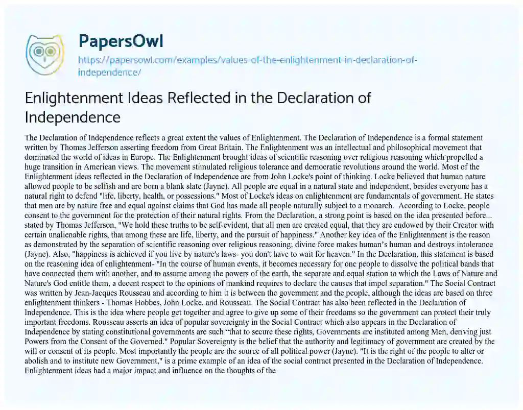 Essay on Enlightenment Ideas Reflected in the Declaration of Independence