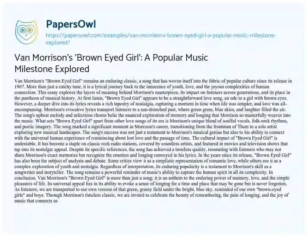 Essay on Van Morrison’s ‘Brown Eyed Girl’: a Popular Music Milestone Explored