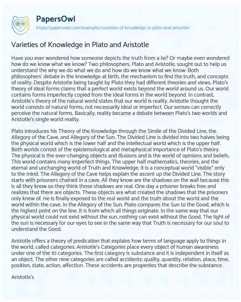 Essay on Varieties of Knowledge in Plato and Aristotle