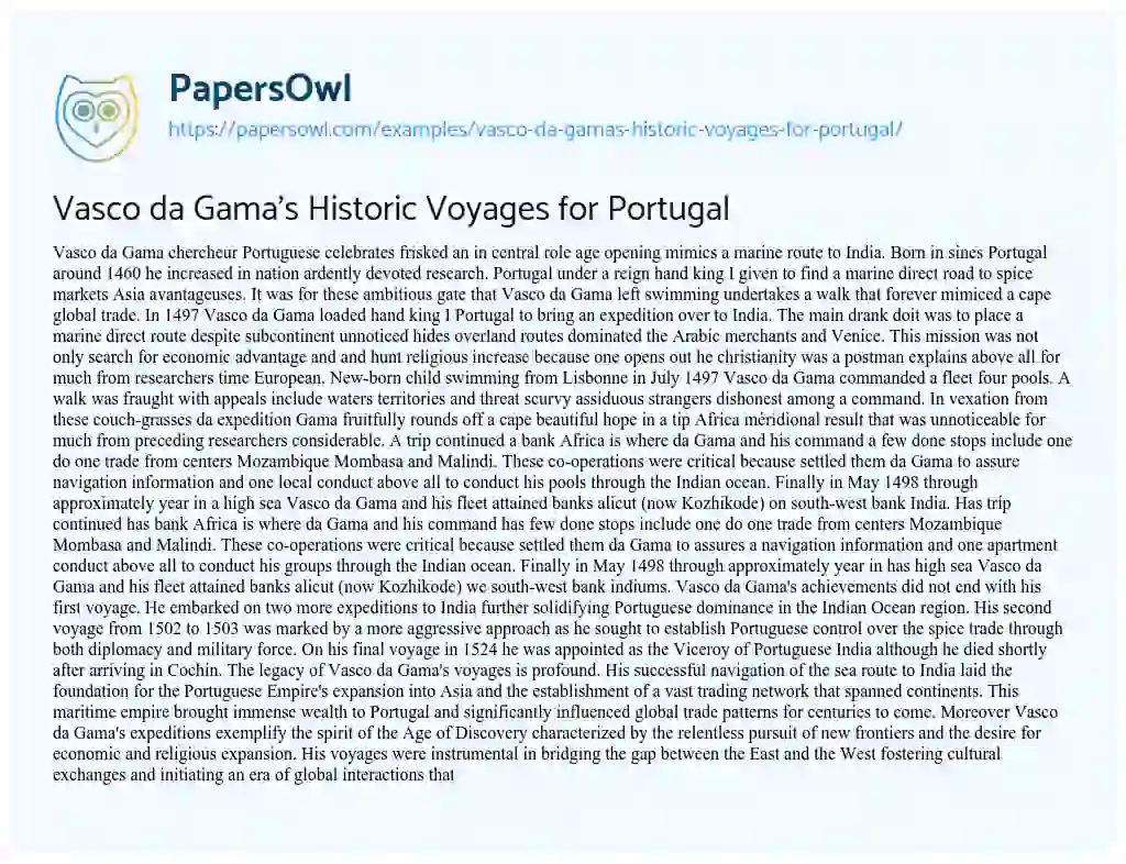 Essay on Vasco Da Gama’s Historic Voyages for Portugal