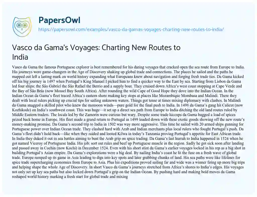 Essay on Vasco Da Gama’s Voyages: Charting New Routes to India