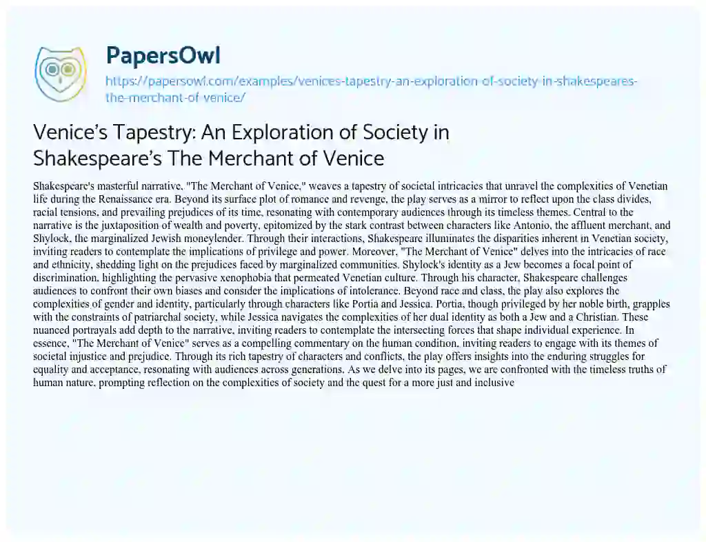 Essay on Venice’s Tapestry: an Exploration of Society in Shakespeare’s the Merchant of Venice