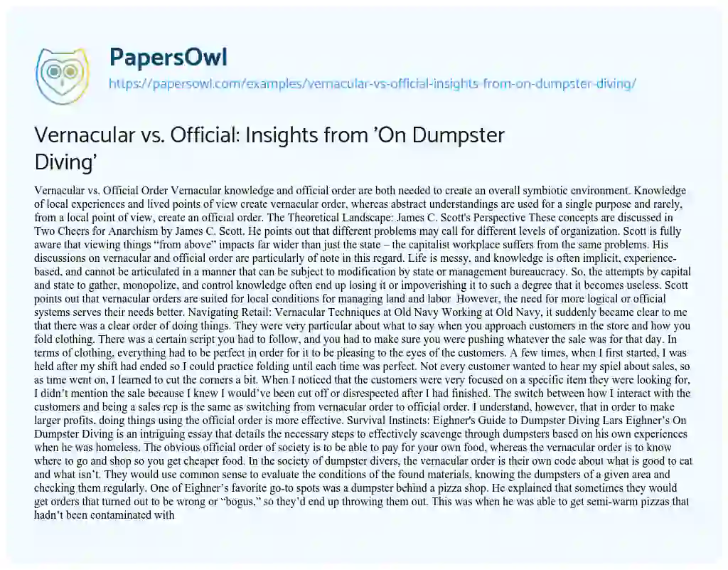 Essay on Vernacular Vs. Official: Insights from ‘On Dumpster Diving’