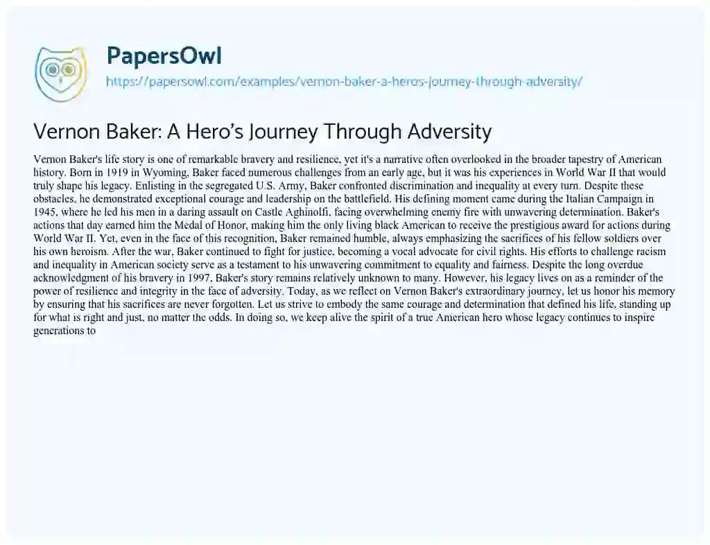 Essay on Vernon Baker: a Hero’s Journey through Adversity